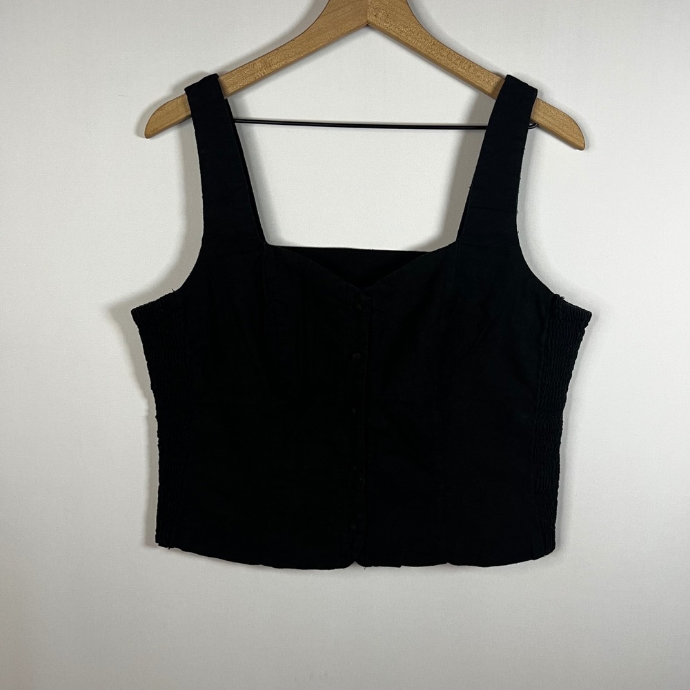 Old Navy Blouse Women XL Black Woven V-Neck‎ Button Front Crop Tank Top Stretch